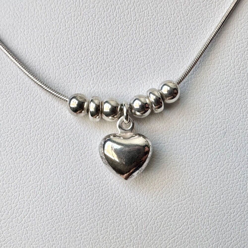 SILPADA 925 Sterling Silver Puffy Heart Bead Necklace 15" Snake Chain Cute N1484